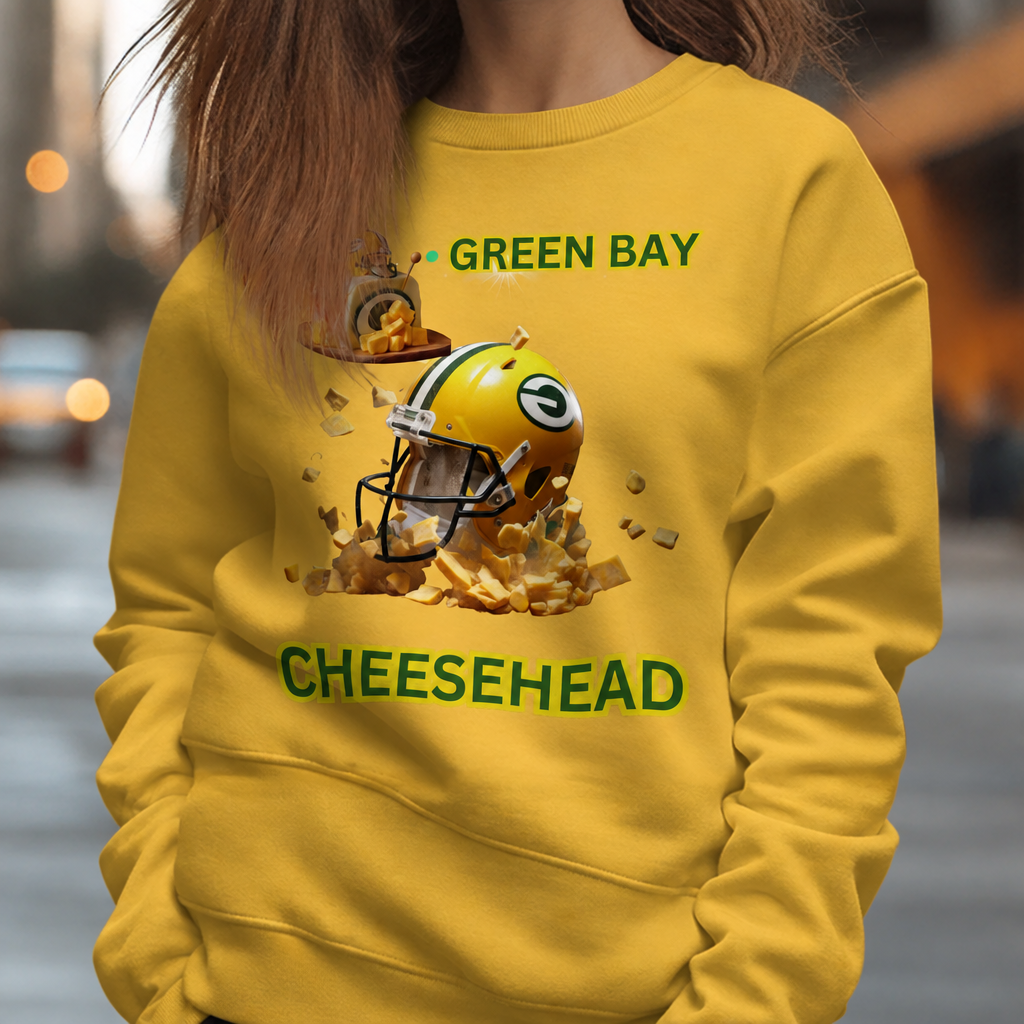 Yellow Packers-inspired sweatshirt with helmet and cheese artwork, without name placeholder